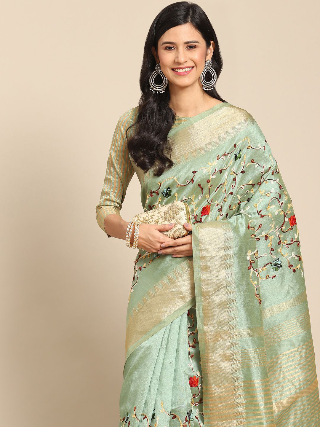 

KAVINDI Embroidered Ethnic Motifs Zari Saree, Green