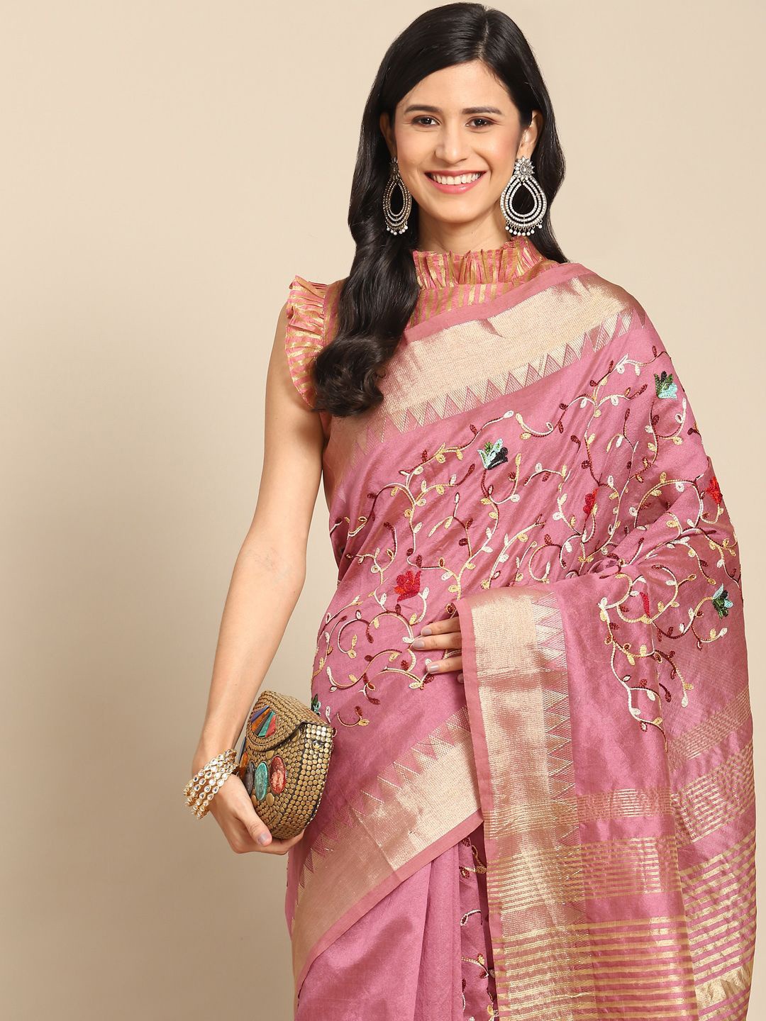 

KAVINDI Embellished Zari Silk Cotton Saree, Pink