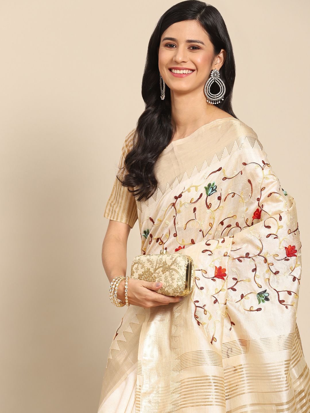 

KAVINDI Embellished Zari Saree, Cream