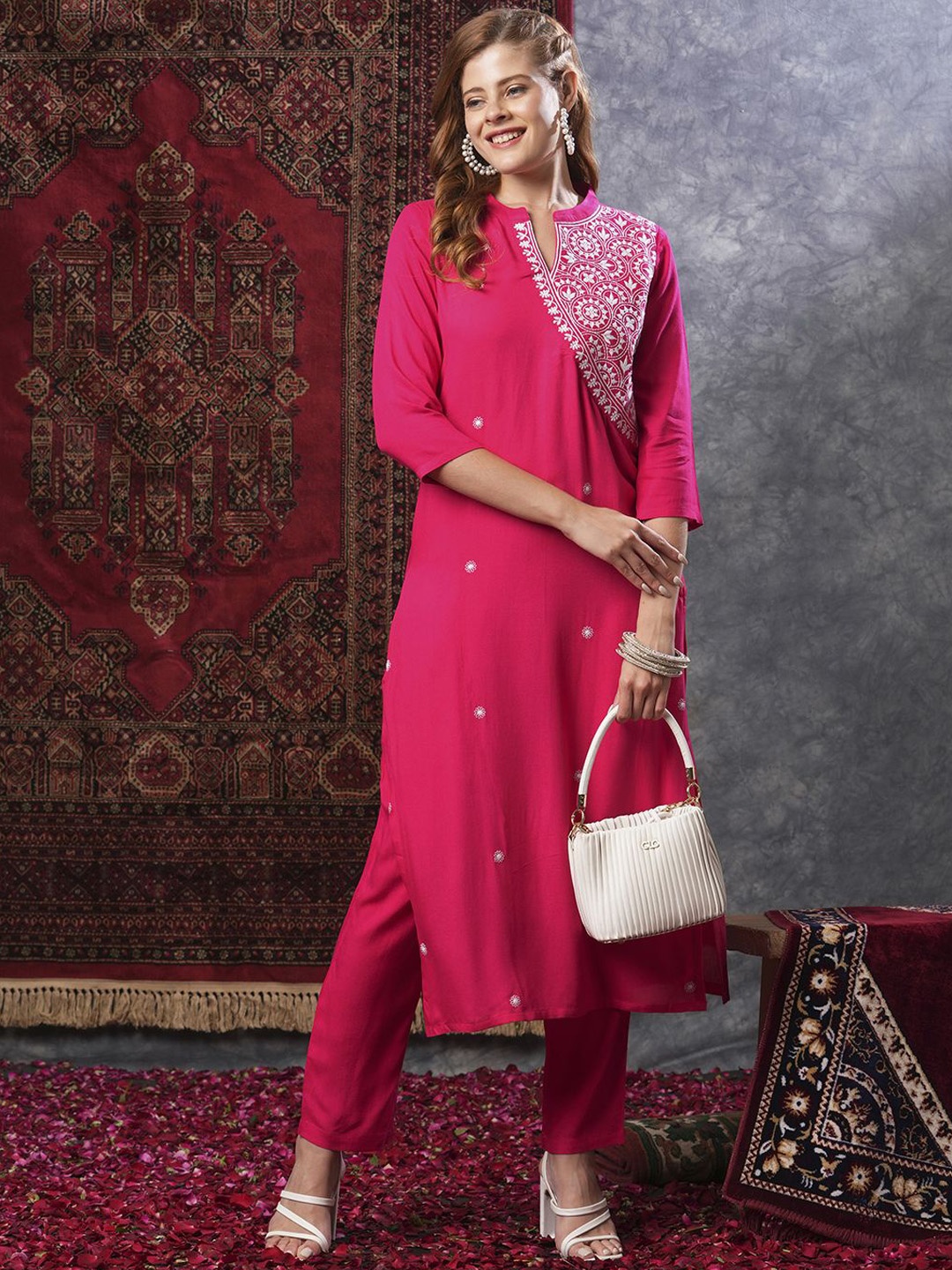 

KALINI Ethnic Motifs Embroidered Straight Thread Work Kurta with Trousers, Pink