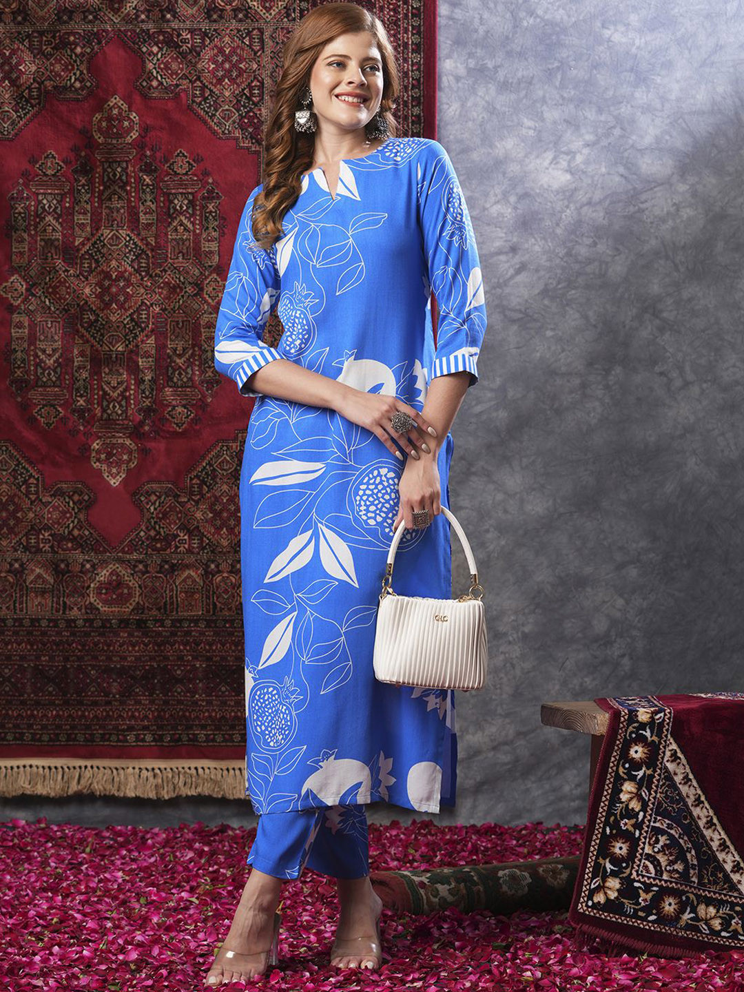 

KALINI Floral Printed Straight Kurta With Palazzos, Blue