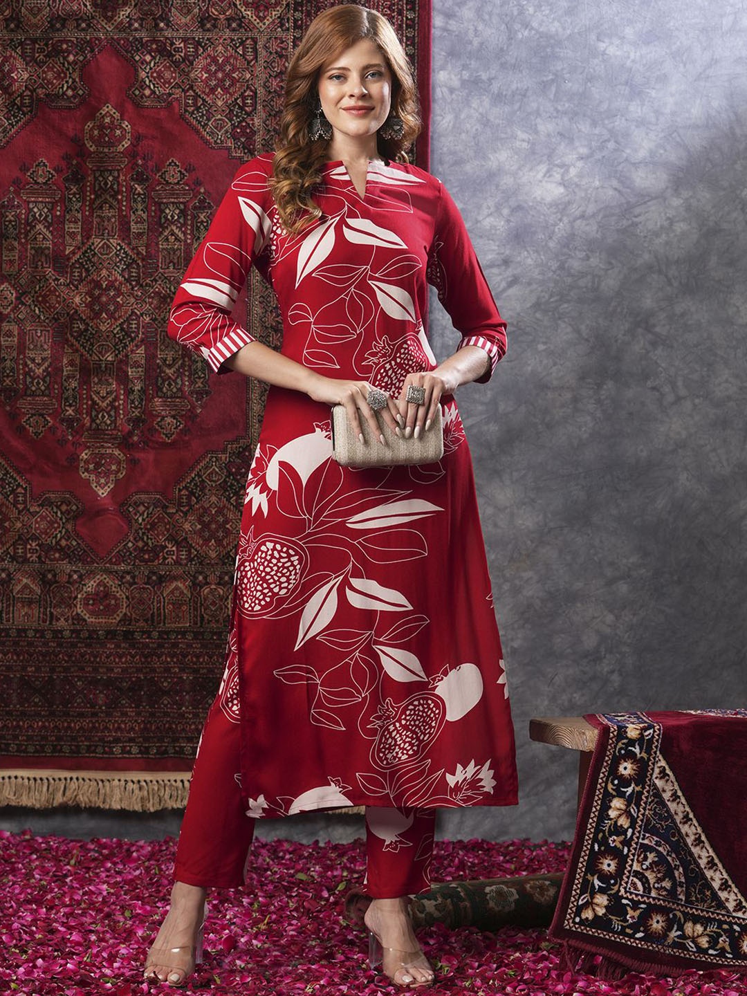 

KALINI Floral Printed Straight Kurta With Palazzos, Red