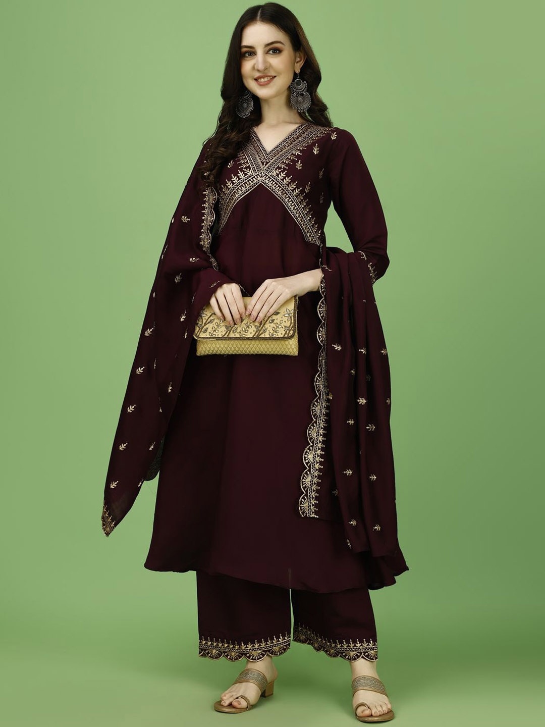 

KALINI Ethnic Motifs Yoke Design Thread Work A-Line Kurta with Palazzos & Dupatta, Purple