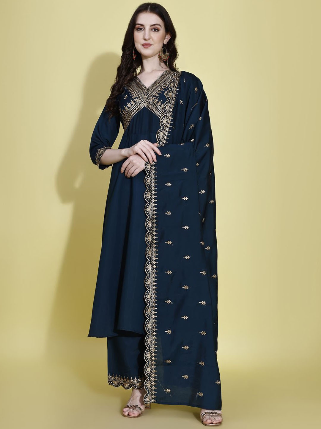 

KALINI Ethnic Motifs Yoke Design Thread Work A-Line Kurta with Palazzos & Dupatta, Navy blue