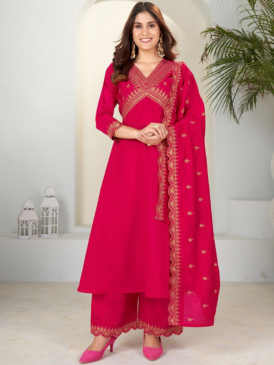 

KALINI Floral Embroidered Anarkali Kurta With Palazzos & Dupatta, Pink