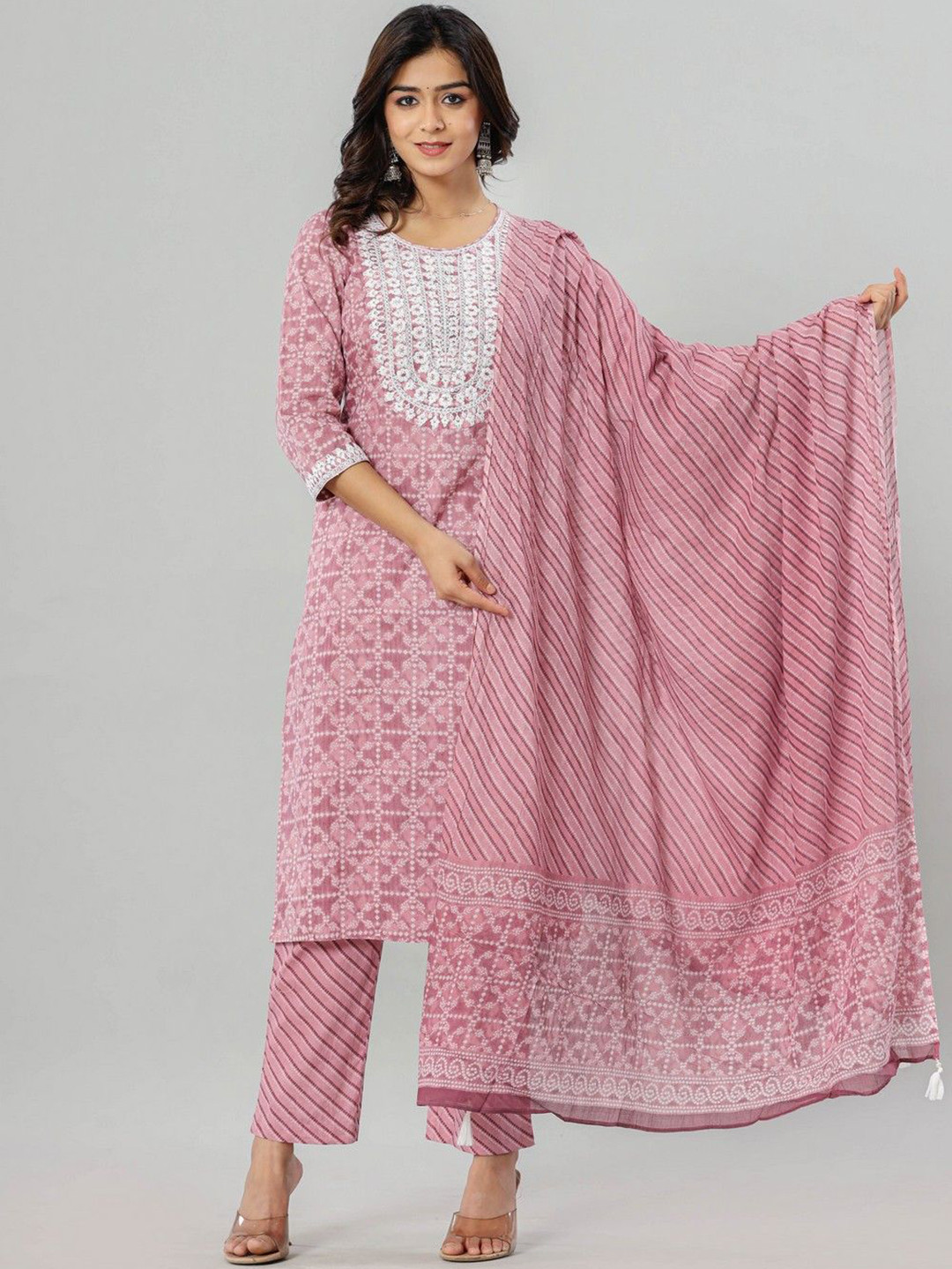 

JAIPUR ETHNIC Ethnic Motifs Printed Pure Cotton Straight Kurta with Trousers & Dupatta, Pink