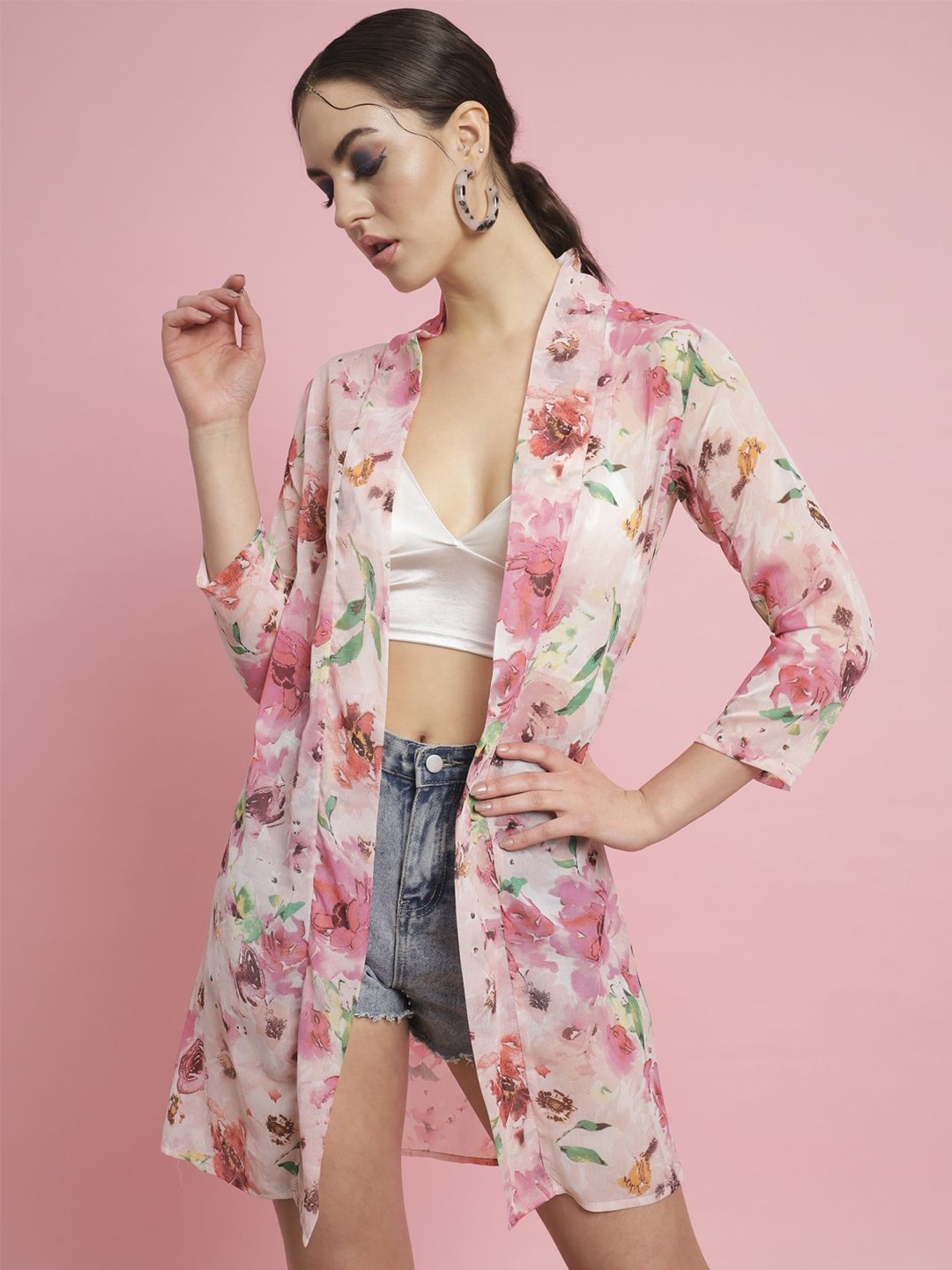 

TANDUL Floral Printed Longline Lapel Shrug, Pink