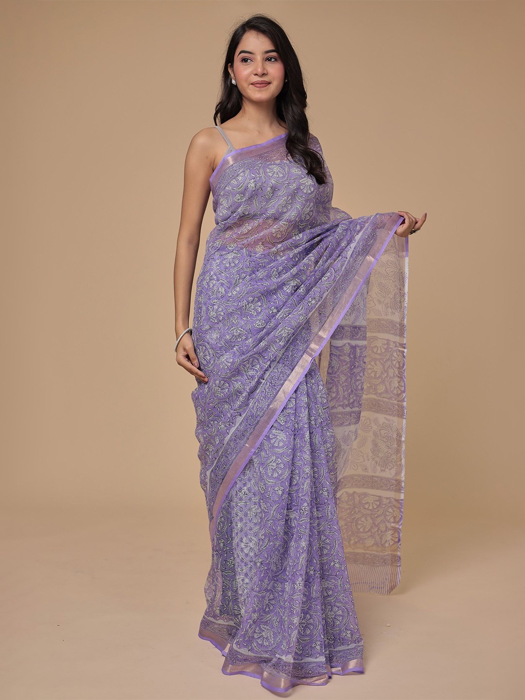 

ZARI Floral Zari Pure Cotton Saree, Purple