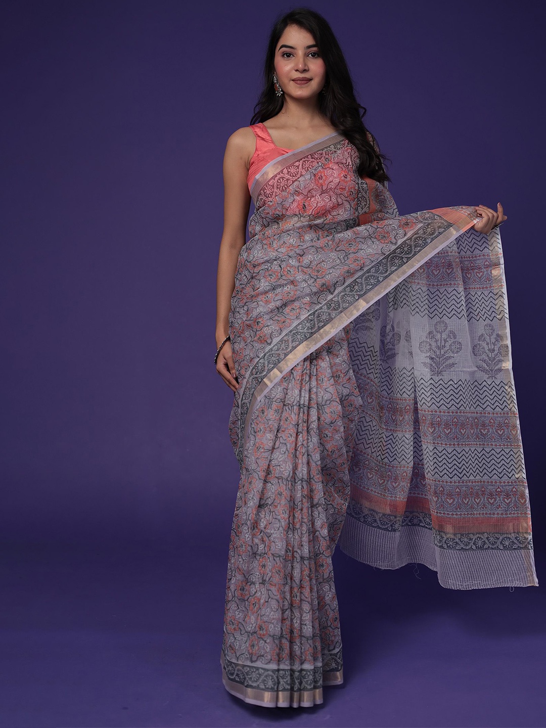 

ZARI Floral Printed Zari Pure Cotton Saree, Grey