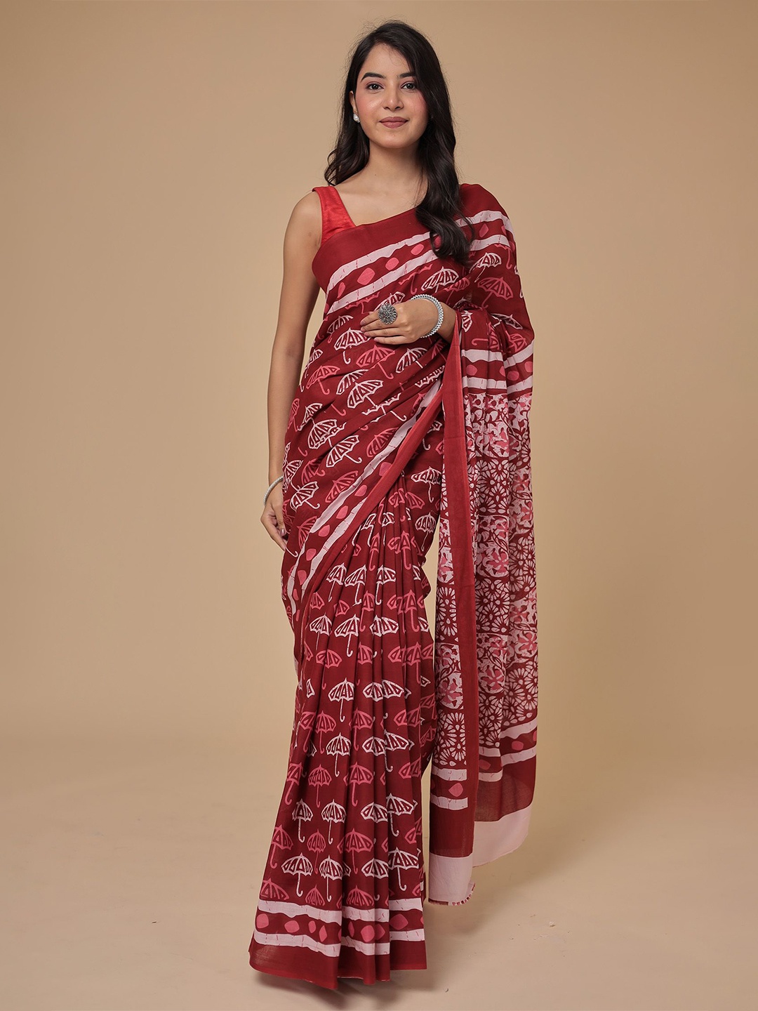 

ZARI Pure Cotton Batik Saree, Maroon
