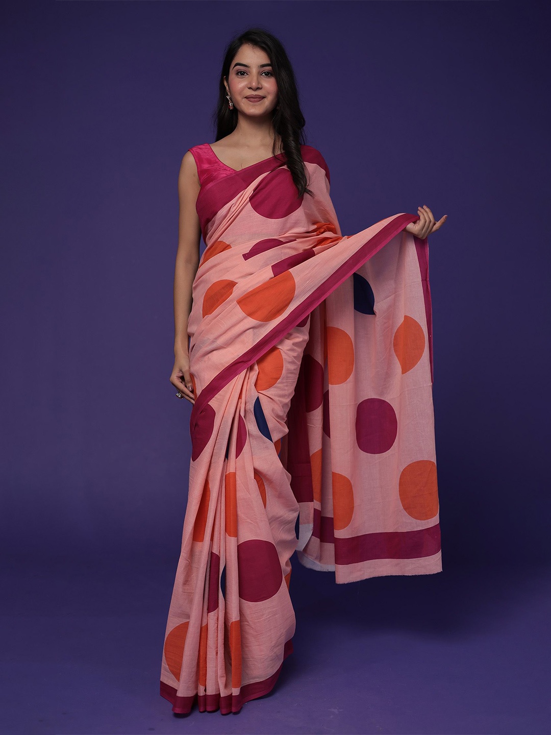 

ZARI Geometric Pure Cotton Saree, Peach