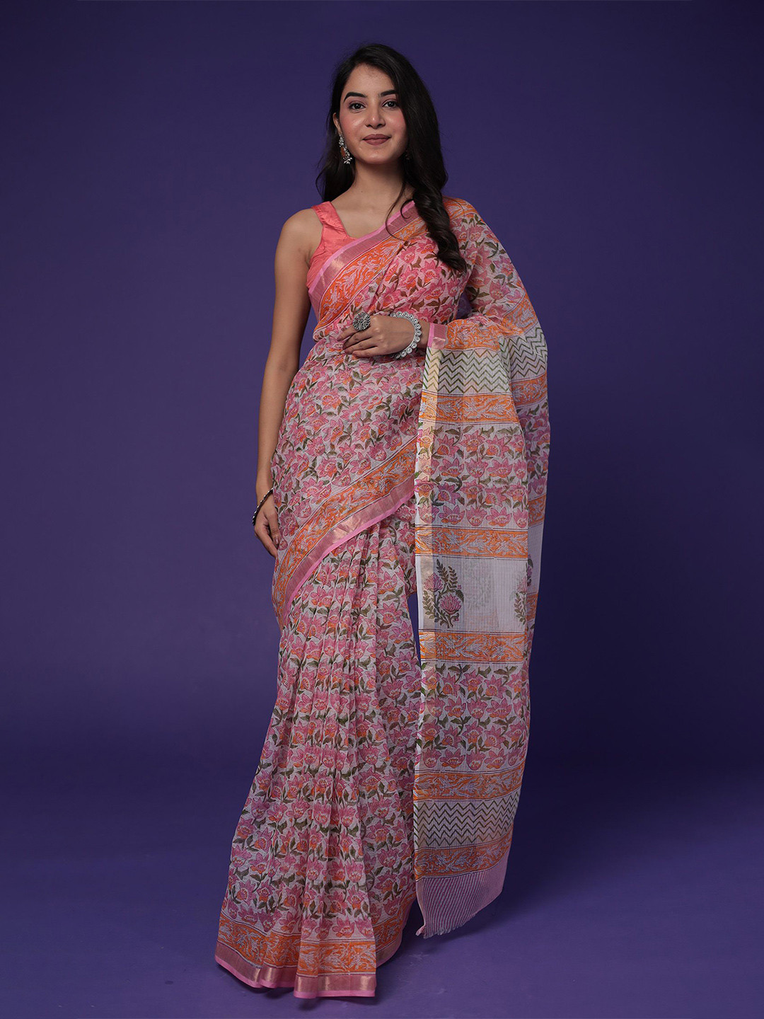 

ZARI Floral Zari Pure Cotton Saree, Pink