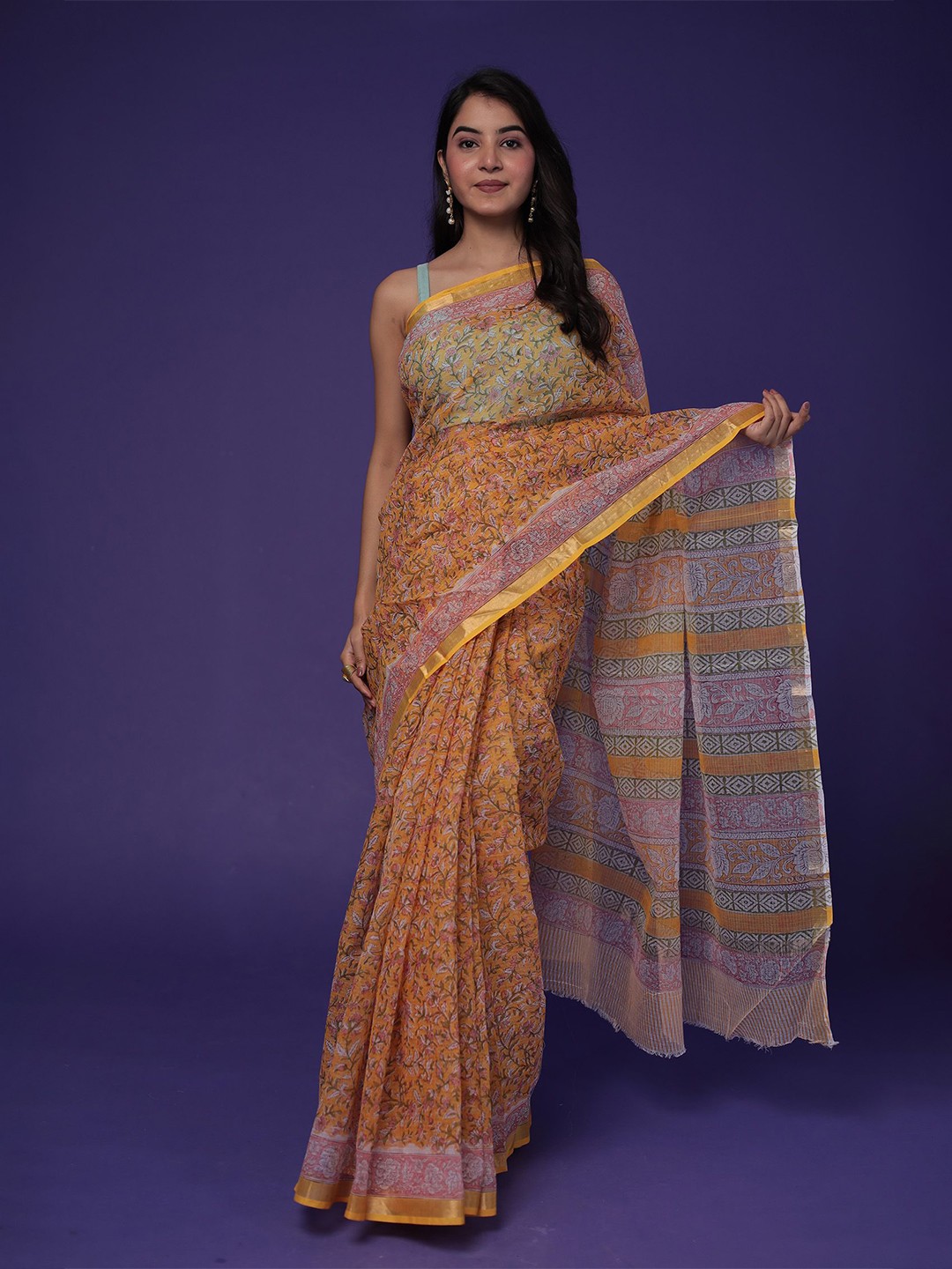 

ZARI Kota Zari Pure Cotton Saree, Yellow