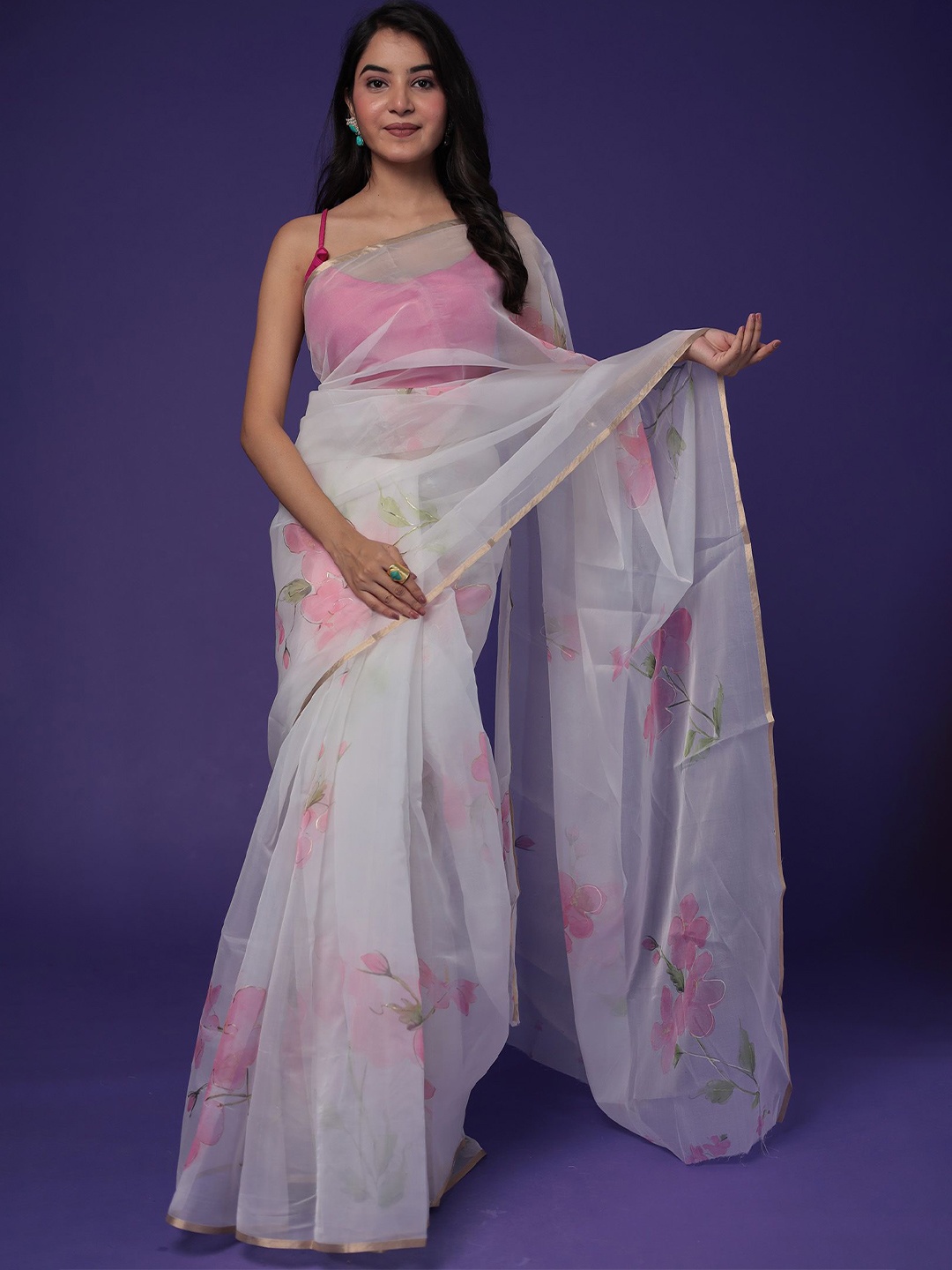 

ZARI Floral Printed Zari Organza Saree, White