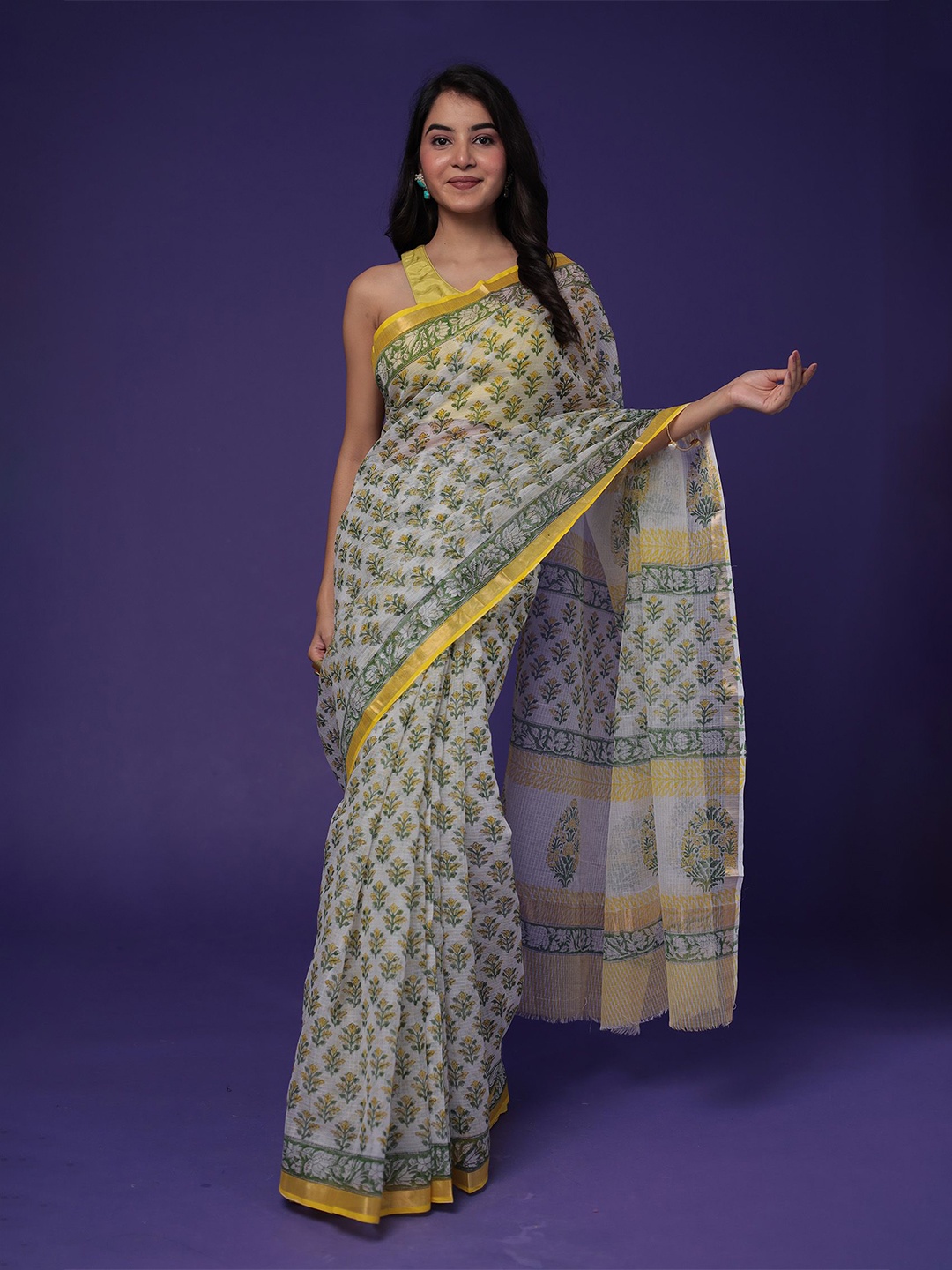 

ZARI Women Ethnic Motifs Zari Pure Cotton Kota Saree, White