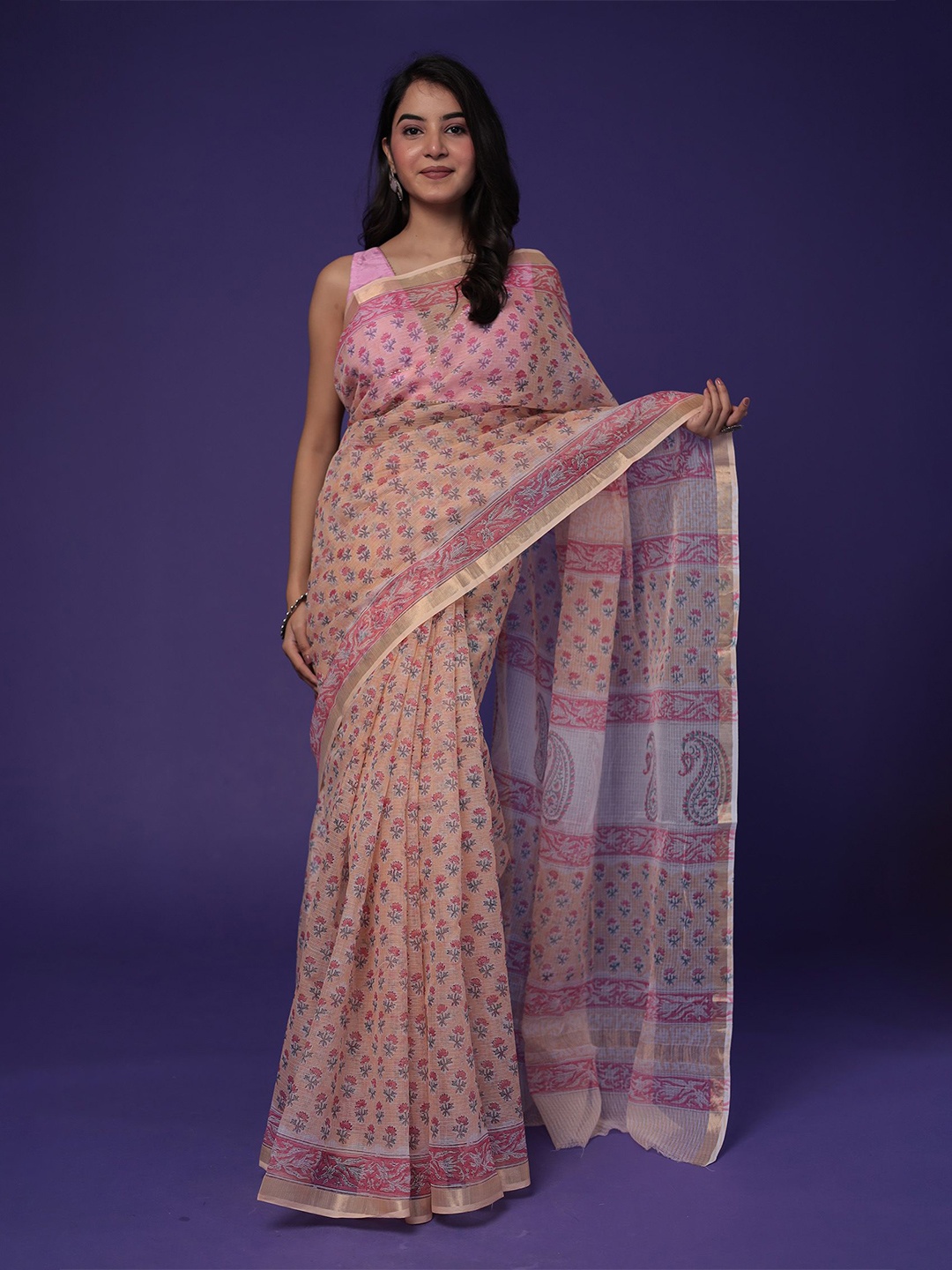 

ZARI Ethnic Motifs Zari Pure Cotton Kota Saree, Peach