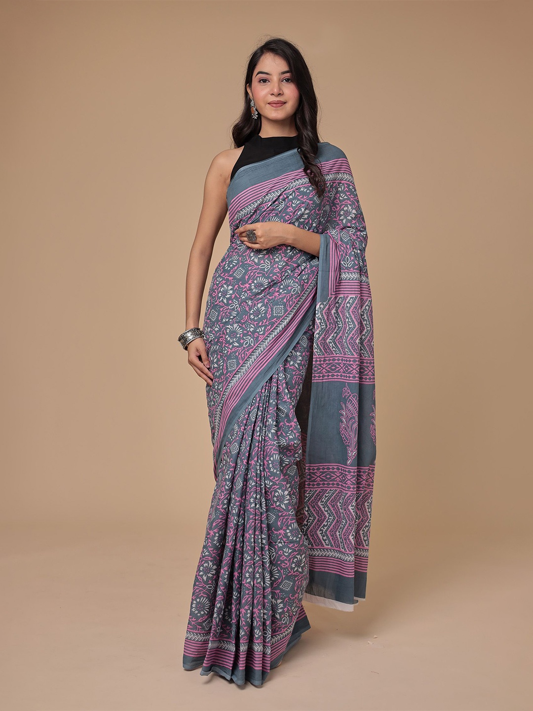 

ZARI Ethnic Motifs Printed Pure Cotton Saree, Grey