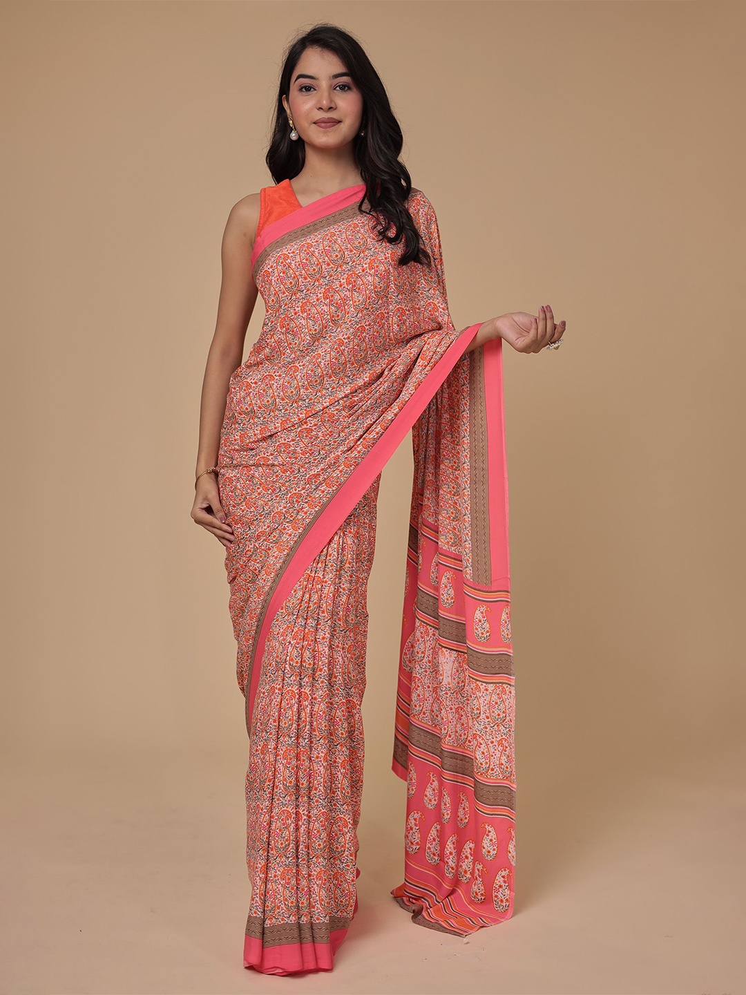 

ZARI Ethnic Motifs Printed Saree With Unstitched Blouse Piece, Orange