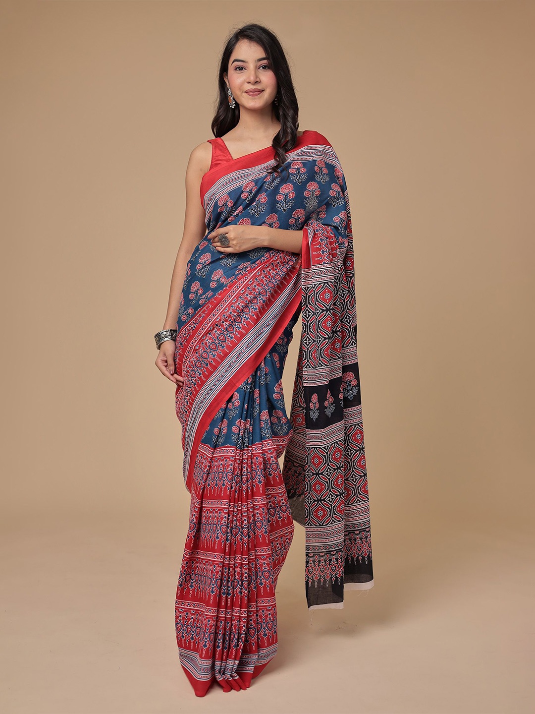 

ZARI Ethnic Motifs Printed Pure Cotton Saree, Blue