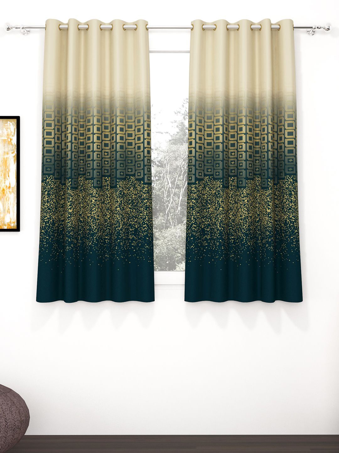 

Story@home Beige & Green 2 Pieces Geometric Black Out Window Curtain