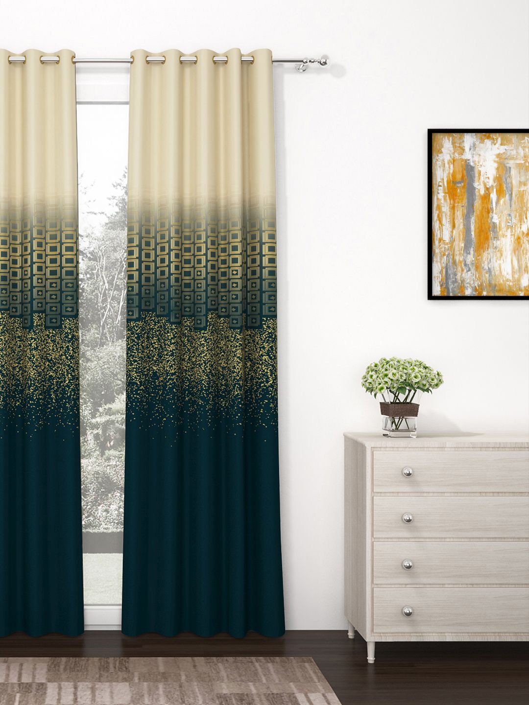 

Story@home Beige & Green Abstract Printed Black Out Door Curtain