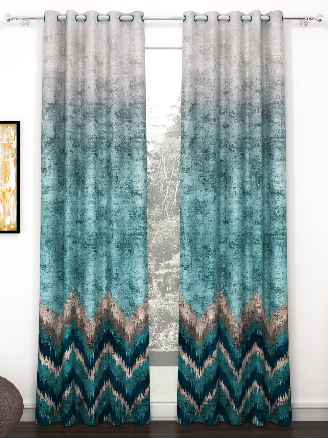 

Story@home Green & Grey 2 Pieces Geometric Printed Black Out Door Curtains