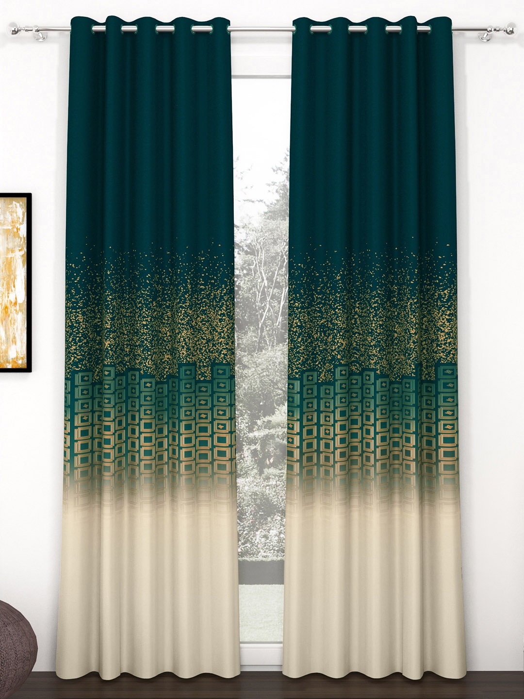 

Story@home Beige & Green 2 Pieces Geometric Printed Black Out Long Door Curtains