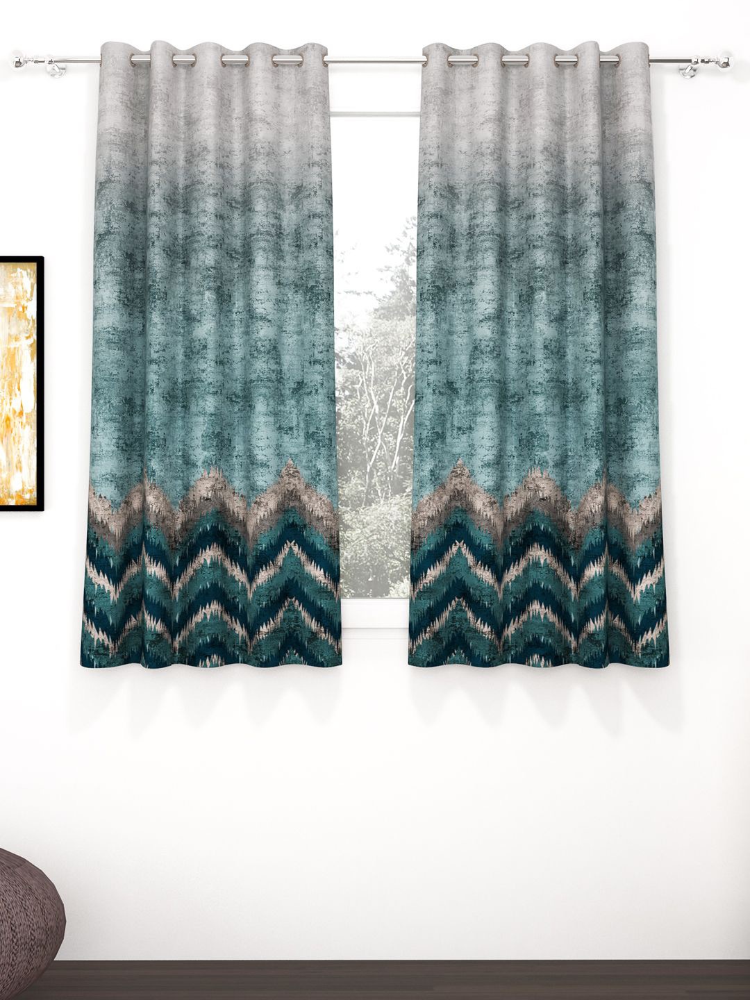 

Story@home Green & Grey 2 Pieces Geometric Black Out Window Curtain