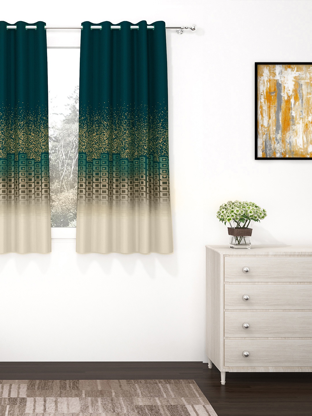 

Story@home Beige & Green Geometric Printed Black Out Window Curtain