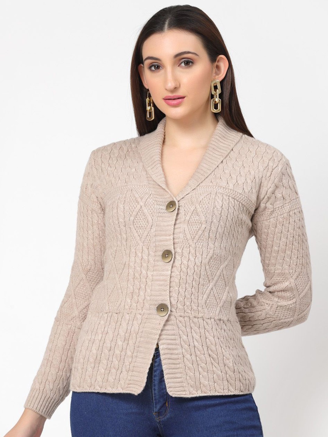 

Kalt Women Full Sleeves Shawl Collar Cardigan Sweater, Beige