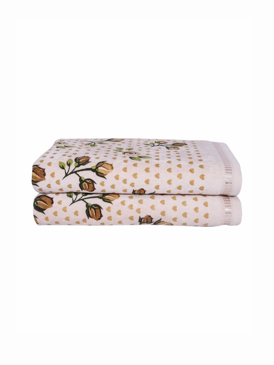 

RANGOLI Beige & Green Set Of 2 Floral Printed Cotton Bath Towel