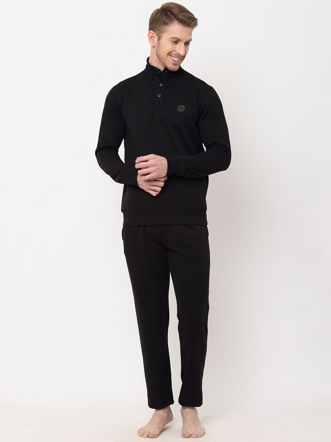 

Sweet Dreams Men Mandarin Collar Slip On Long Sleeves Night suit, Black