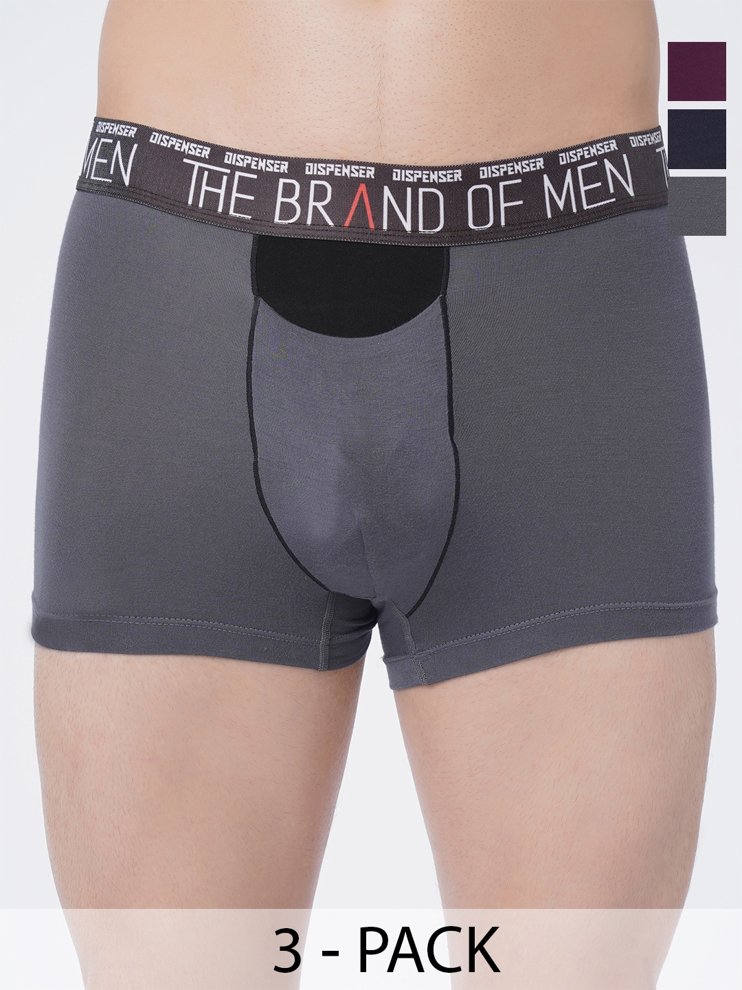 

DISPENSER Men Pack Of 3 Mid-Rise Trunks S4-Trunk-Grey-Navy-Wine-M