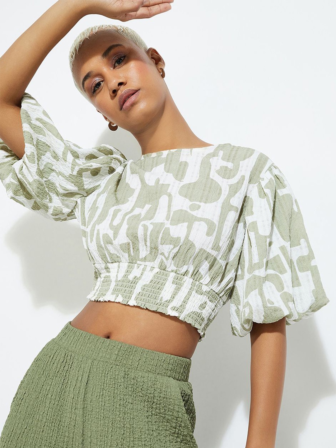 

max URB_N Women Printed Round Neck Crop Top, Green