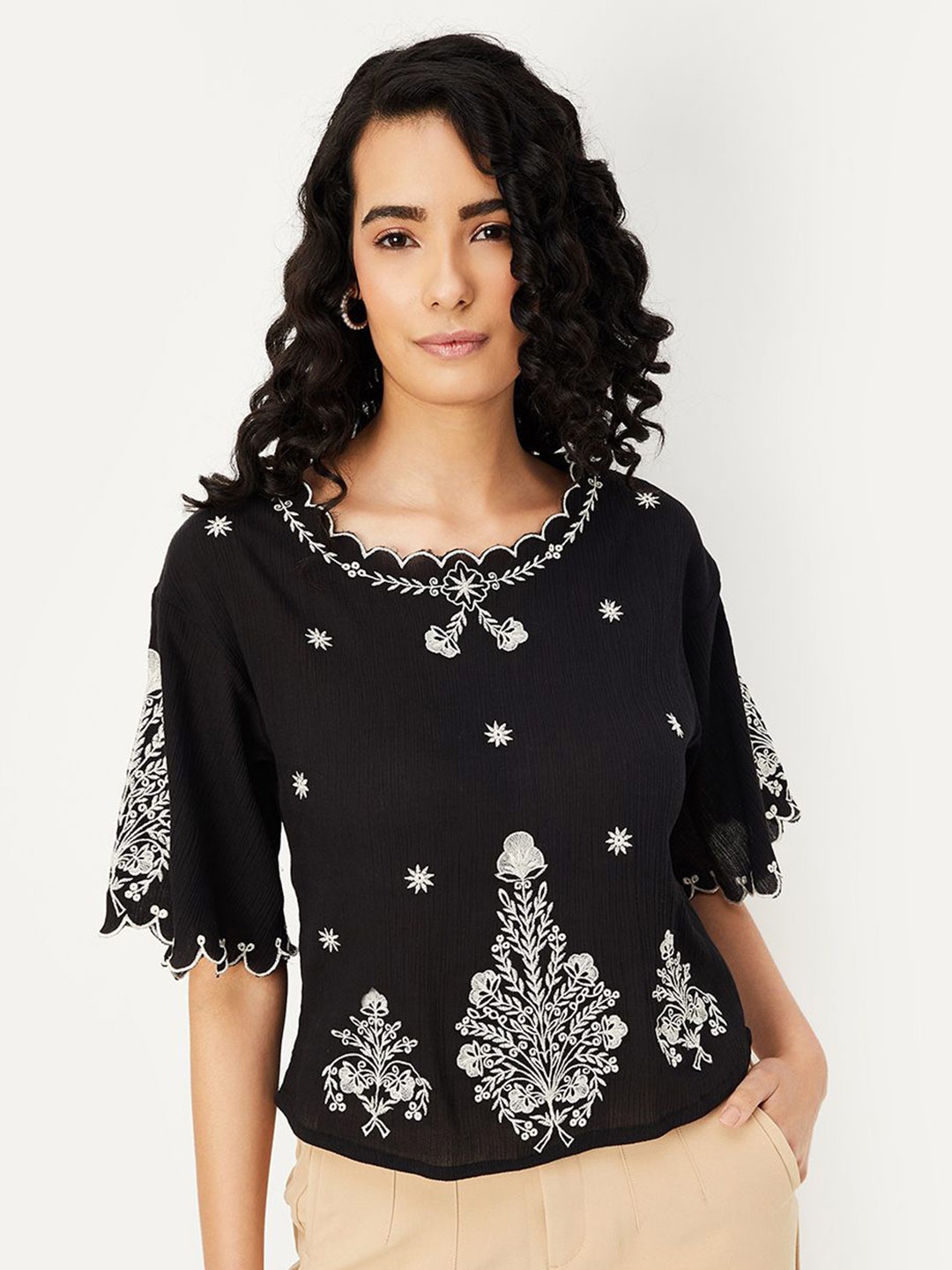 

max Print Bell Sleeve Cotton Top, Black