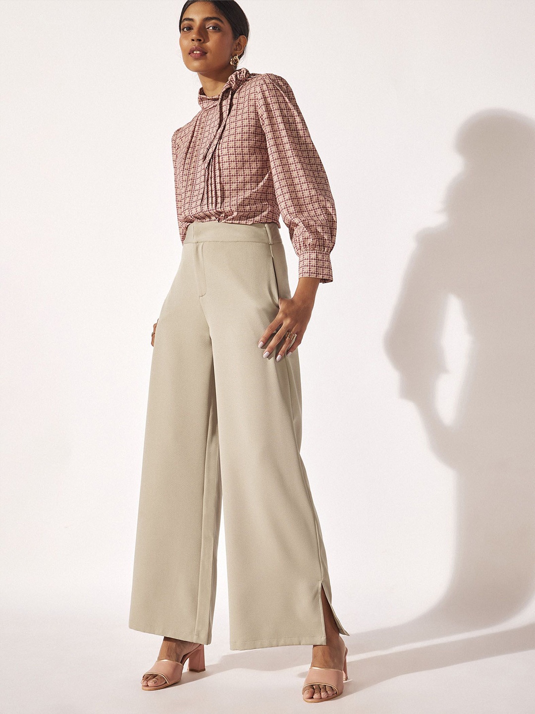 

The Label Life Women Flared High-Rise Flat-Front Trousers With Slit Detail, Beige