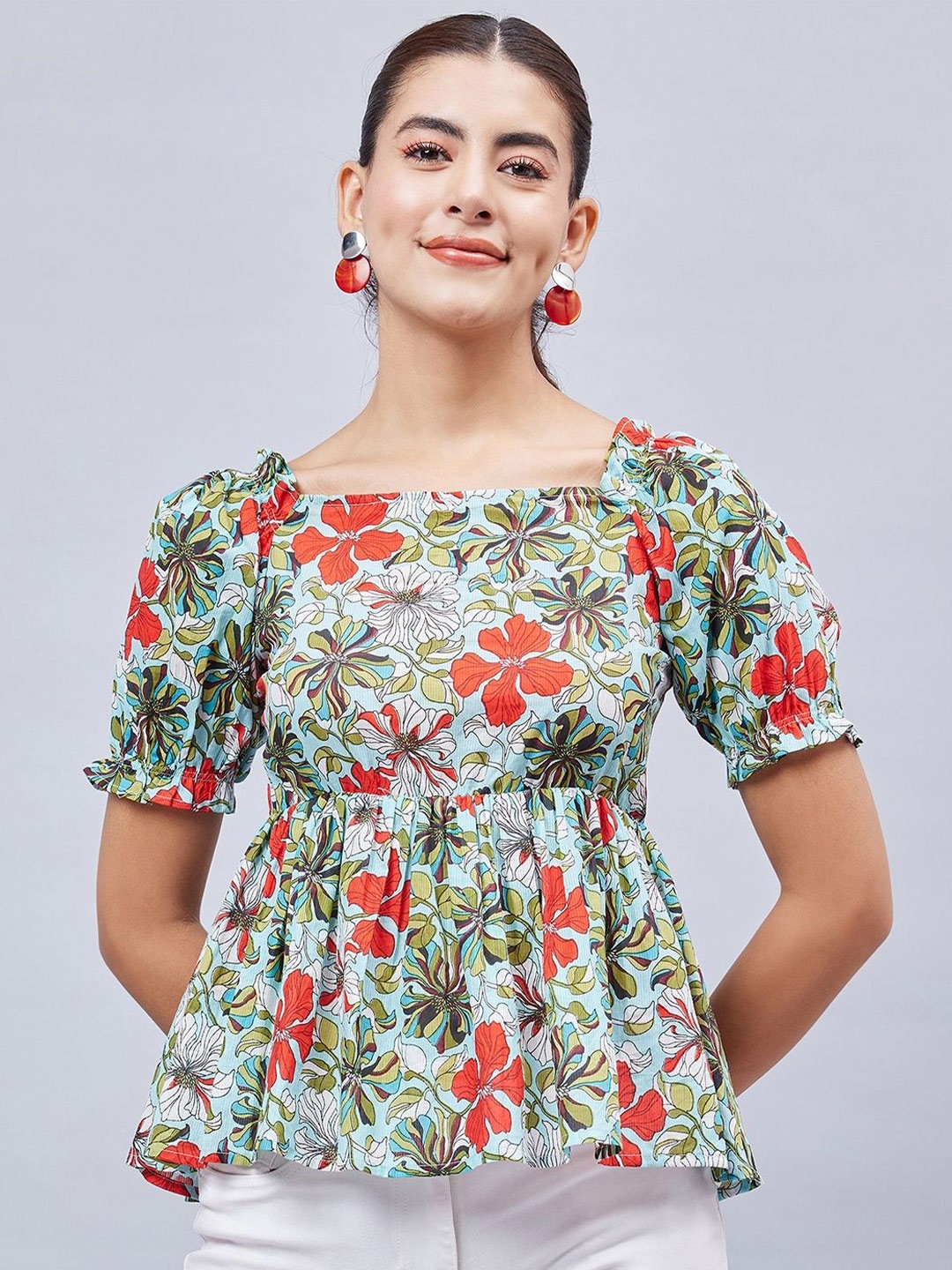 

WineRed Floral Print Puff Sleeve Cotton Empire Top, Blue