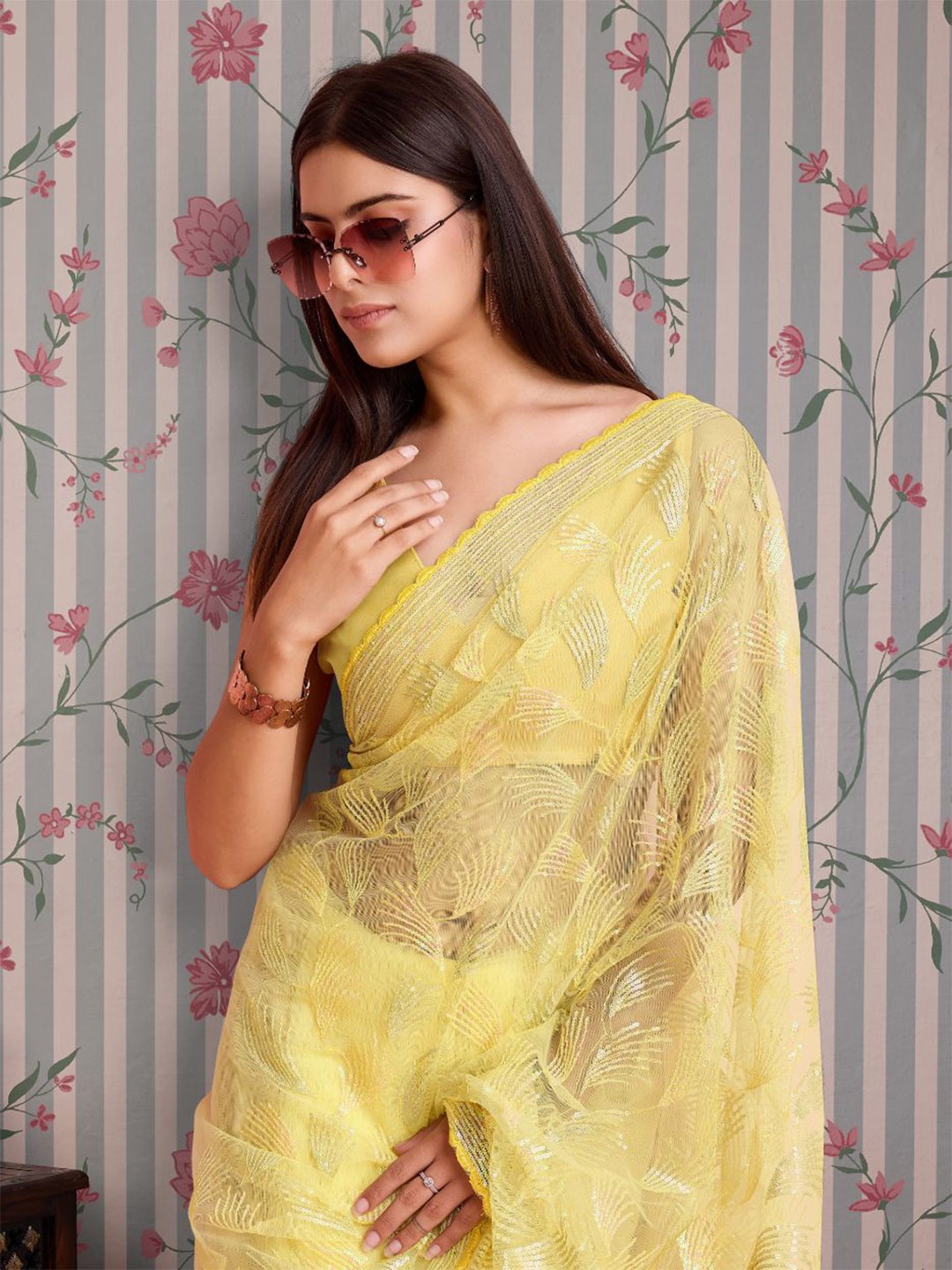 

Ode by House of Pataudi Embellished Embroidered Net Saree, Yellow