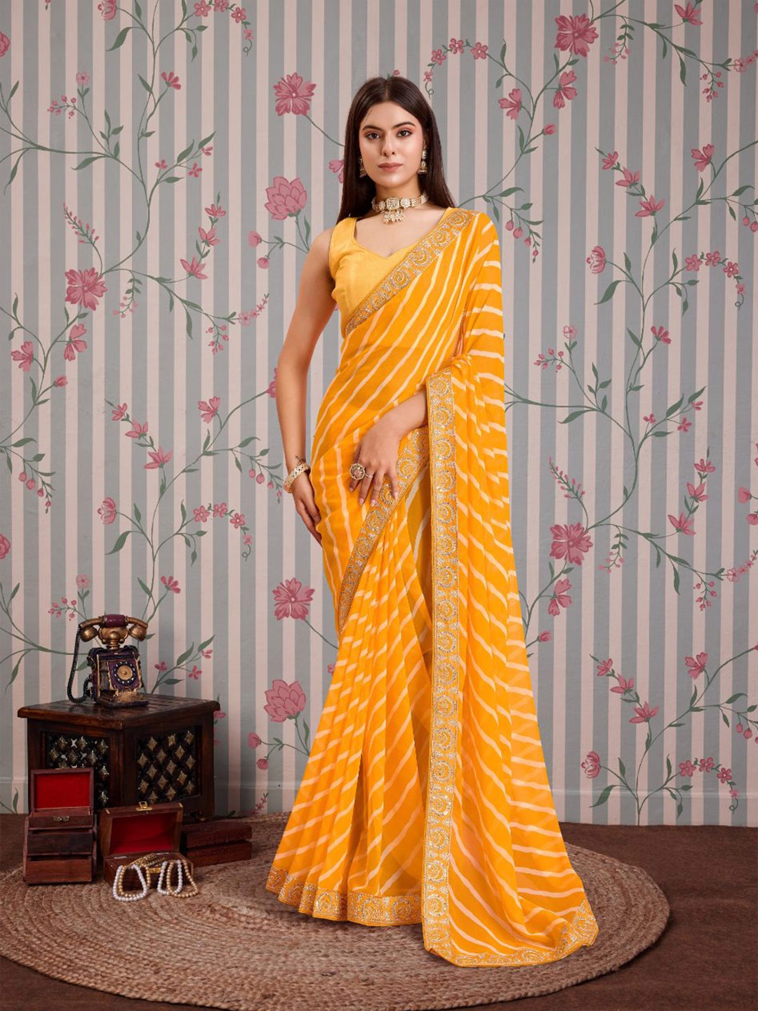 

Ode by House of Pataudi Leheriya Embroidered Saree, Yellow