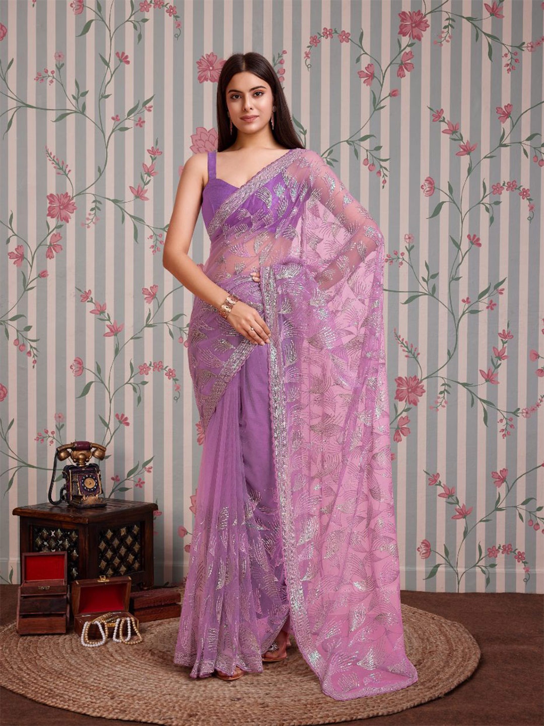 

Ode by House of Pataudi Embellished Embroidered Net Saree, Lavender