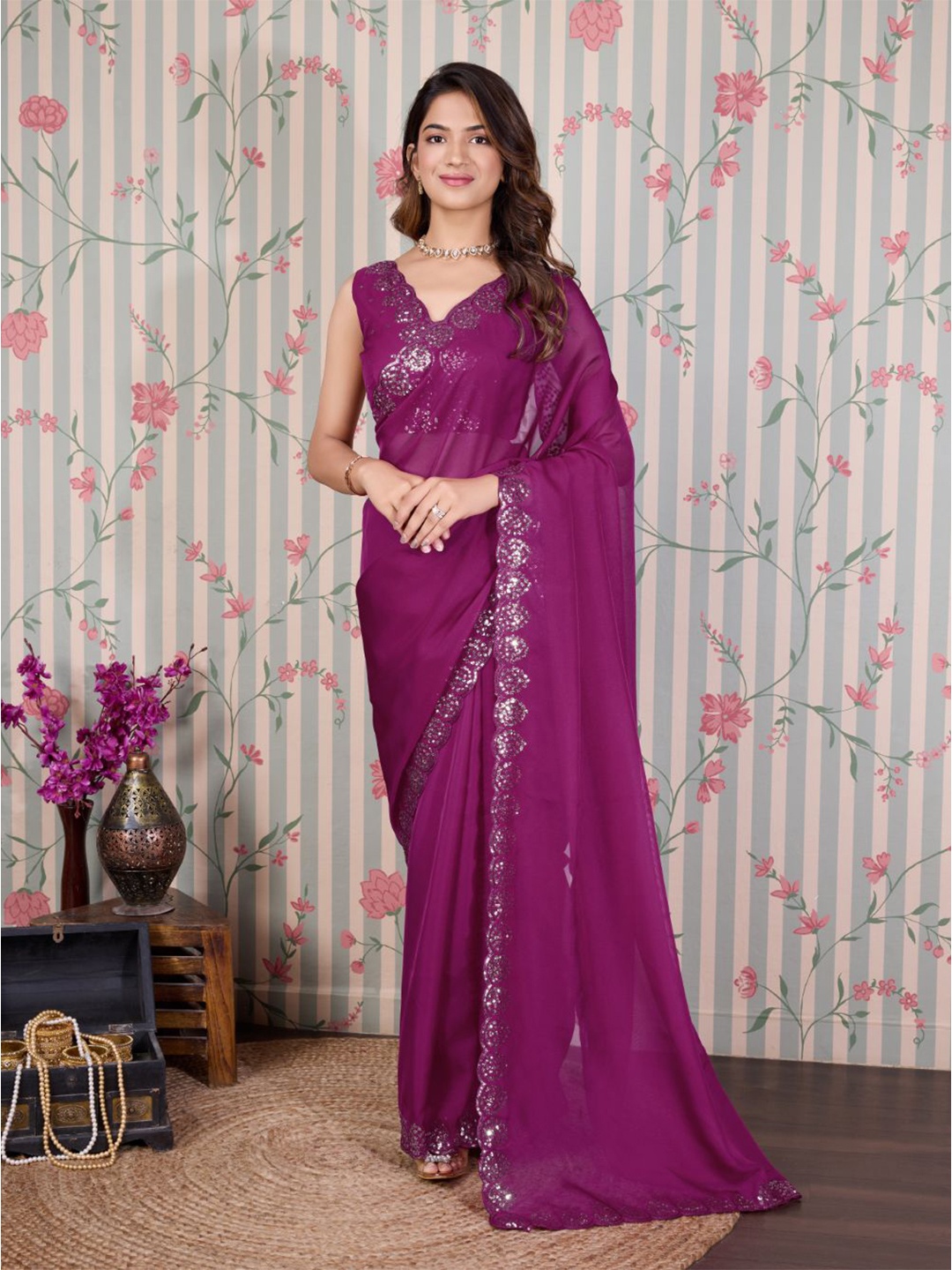 

Ode by House of Pataudi Embroidered Sequinned Organza Saree, Magenta