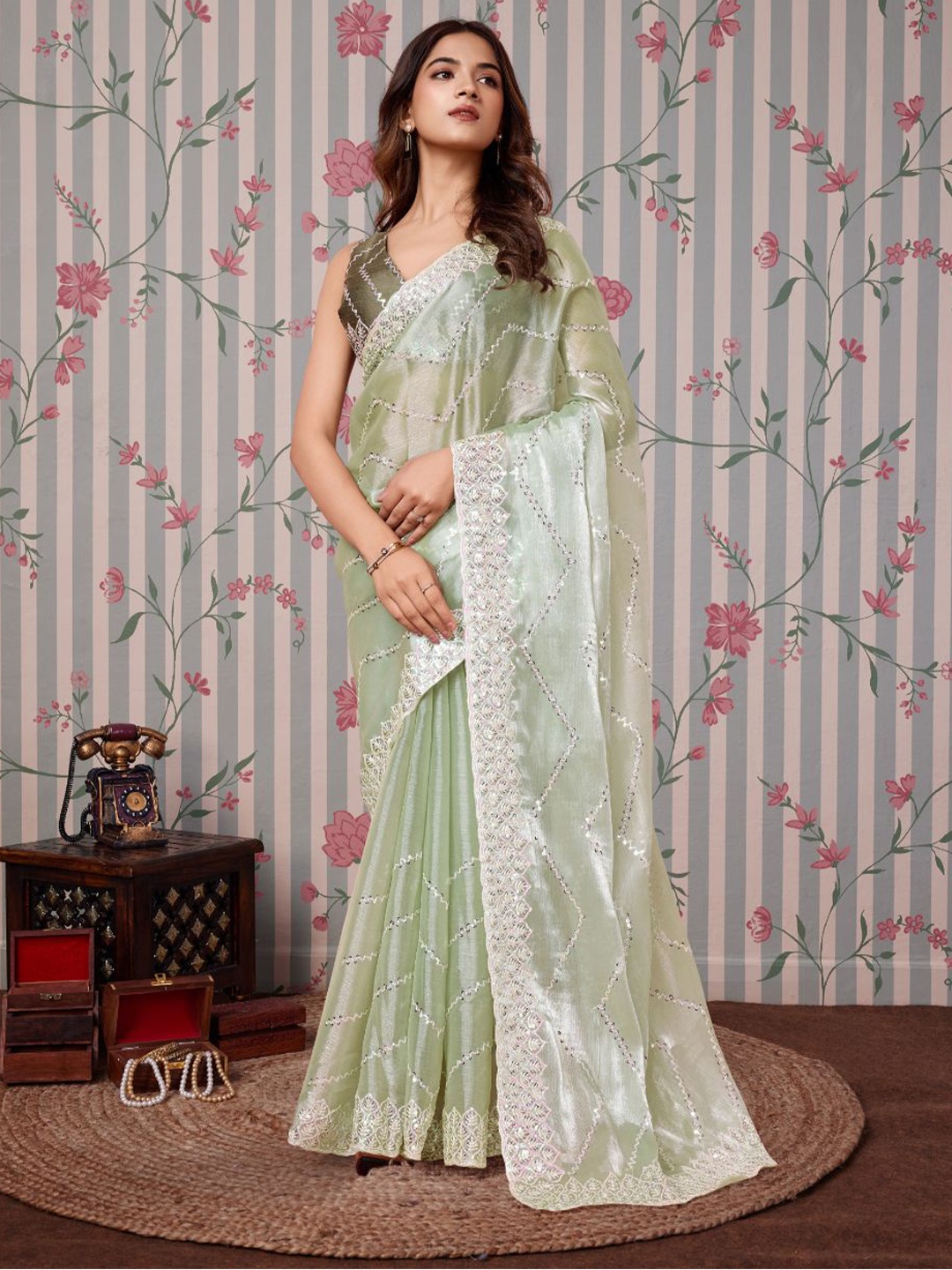 

Ode by House of Pataudi Embellished Sequinned Saree, Green
