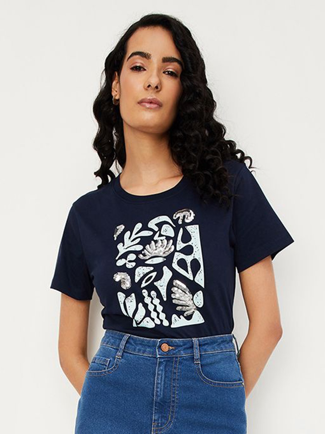 

max Women Printed Raw Edge T-shirt, Navy blue