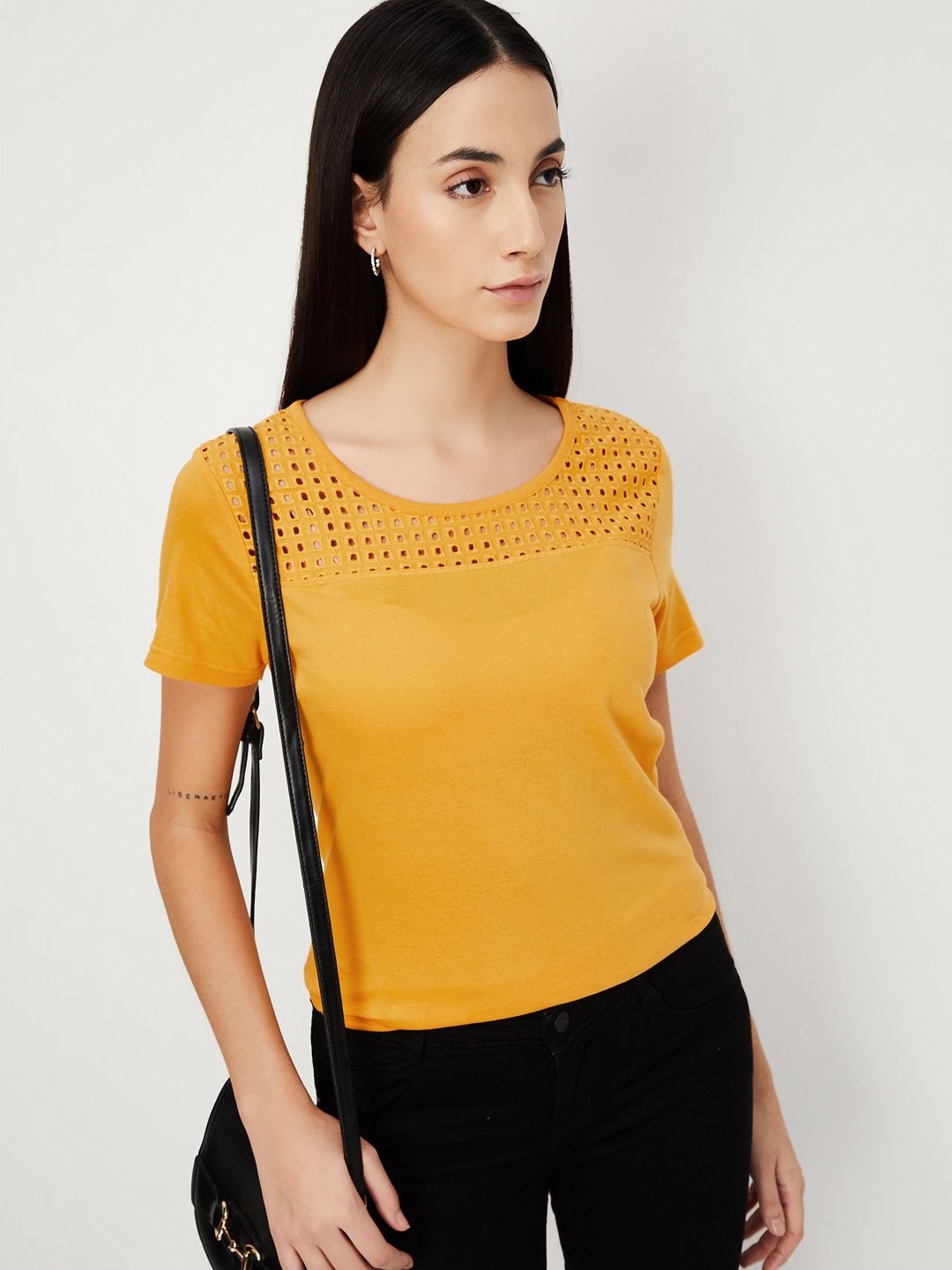 

max Women Printed Ethnic Pockets T-shirt, Yellow