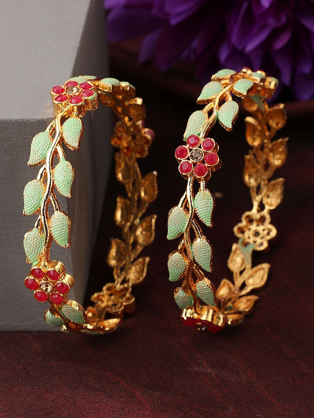 

MODE MANIA Gold-Plated Stones-Studded Enamelled Bangles