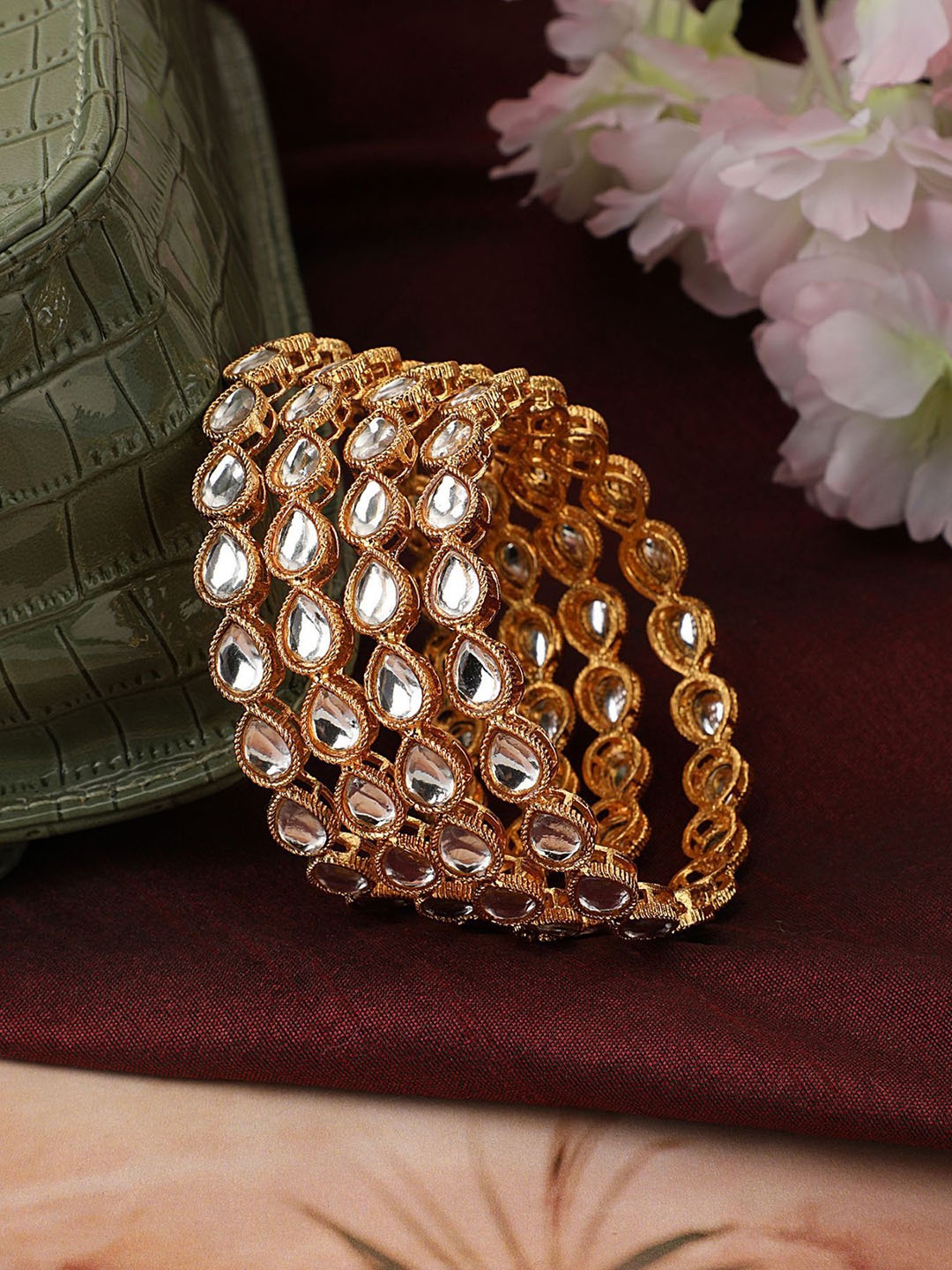 

MODE MANIA Set Of 4 Gold-Plated Stones-Studded Bangles