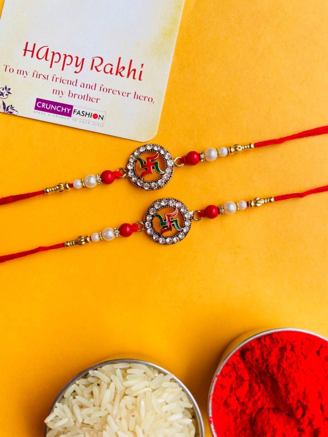 

Crunchy Fashion Set Of 2 Swastik Oxidized Thread Rakhi With Roli Chawal, Red