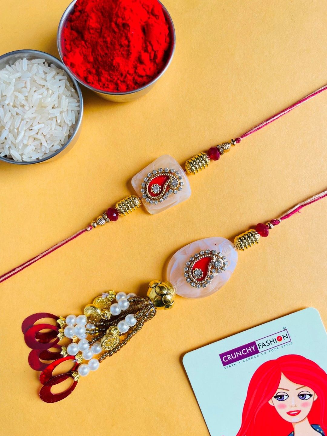 

Crunchy Fashion Bhaiya-Bhabhi Kundan-Lumba Rakhi With Roli Chawal, Red