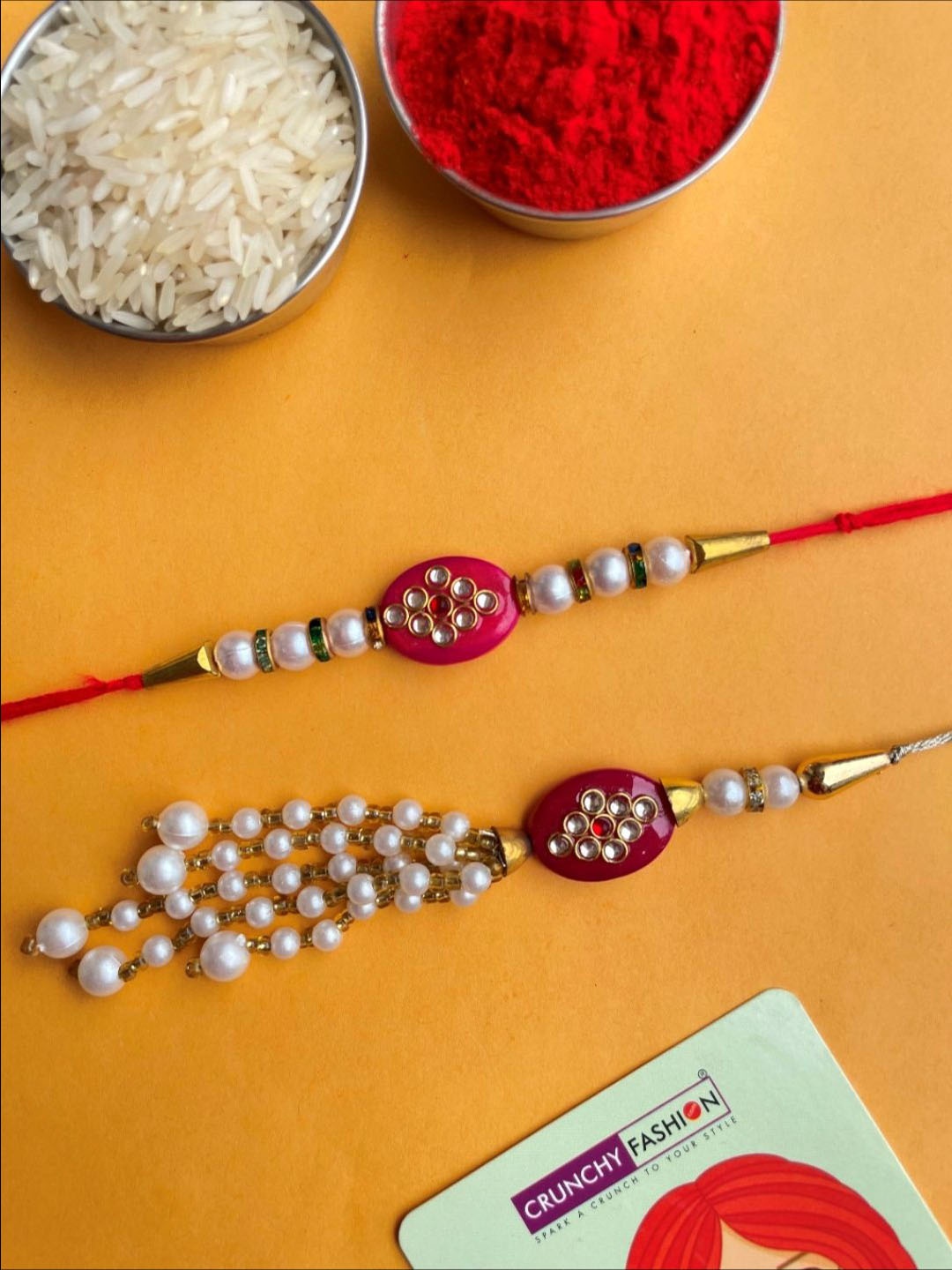 

Crunchy Fashion Kundan Studded & Beaded Bhaiya Bhabhi Thread Rakhi With Roli Chawal, Red