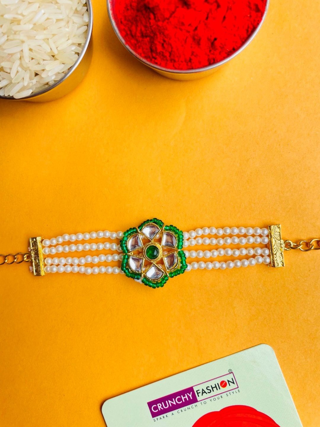 

Crunchy Fashion Kundan Studded & Beaded Wraparound Rakhi With Roli Chawal, Gold